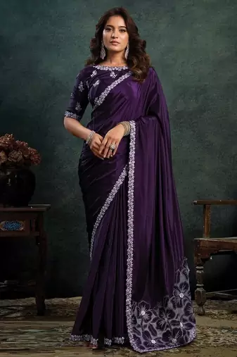 dark purple satin dual sequince embroidery with pearl & applique work designer saree