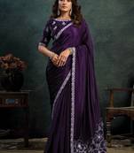dark purple satin dual sequince embroidery with pearl & applique work designer saree