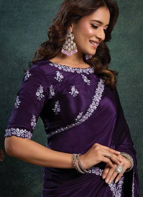 dark purple satin dual sequince embroidery with pearl & applique work designer saree 2