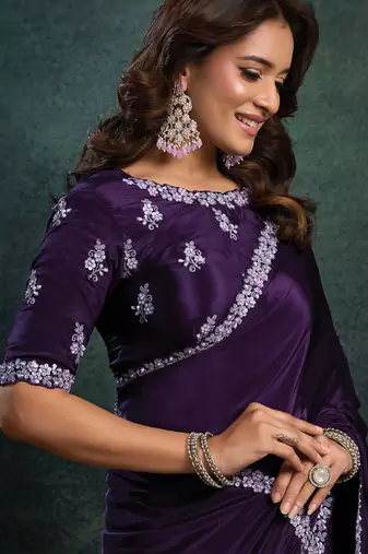 dark purple satin dual sequince embroidery with pearl & applique work designer saree