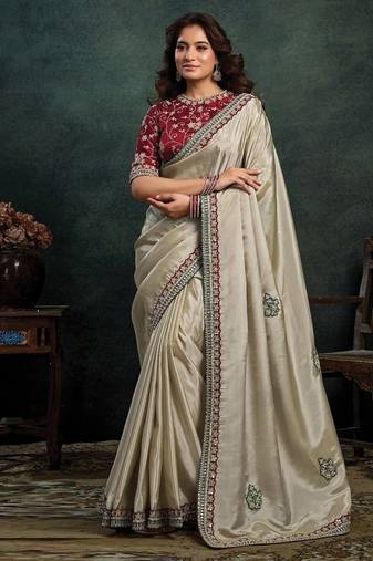 beige upada silk blend sequince embroidery with pearl & stone work designer saree