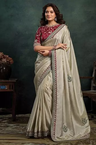 beige upada silk blend sequince embroidery with pearl & stone work designer saree