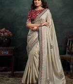 beige upada silk blend sequince embroidery with pearl & stone work designer saree
