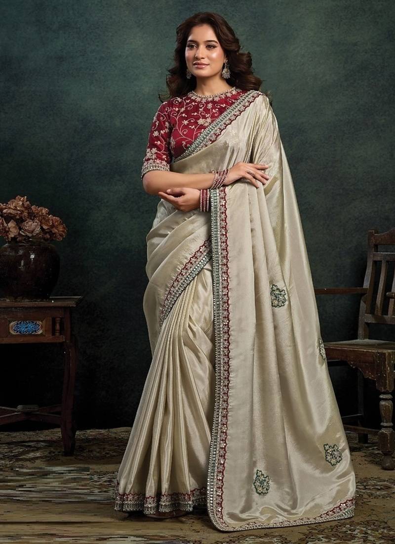 beige upada silk blend sequince embroidery with pearl & stone work designer saree