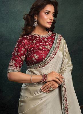 beige upada silk blend sequince embroidery with pearl & stone work designer saree 2