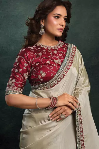 beige upada silk blend sequince embroidery with pearl & stone work designer saree