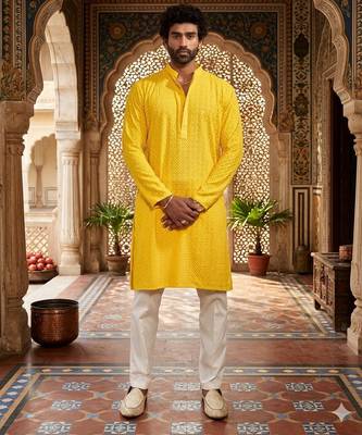 Buy yellow resham embroidered kurta pajama set with sequins highlights 1