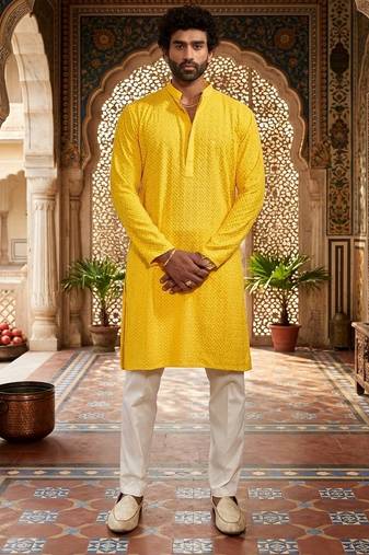 Buy yellow resham embroidered kurta pajama set with sequins highlights