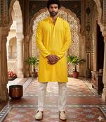 Buy yellow resham embroidered kurta pajama set with sequins highlights