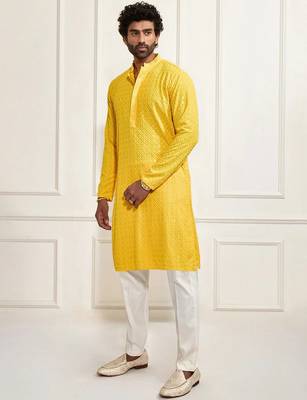 Buy yellow resham embroidered kurta pajama set with sequins highlights 2