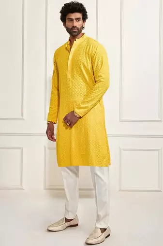 yellow resham embroidered kurta pajama set