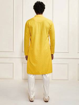 Buy yellow resham embroidered kurta pajama set with sequins highlights 3