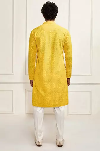 yellow resham embroidered kurta pajama set