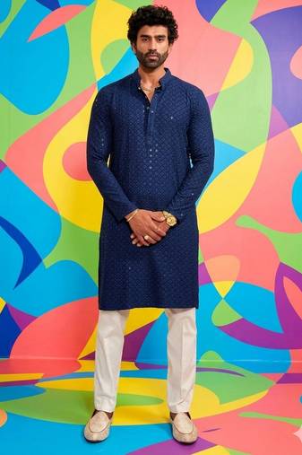 Buy blue resham embroidered kurta pajama set with sequins highlights