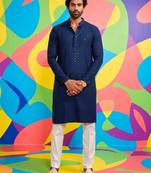 Buy blue resham embroidered kurta pajama set with sequins highlights