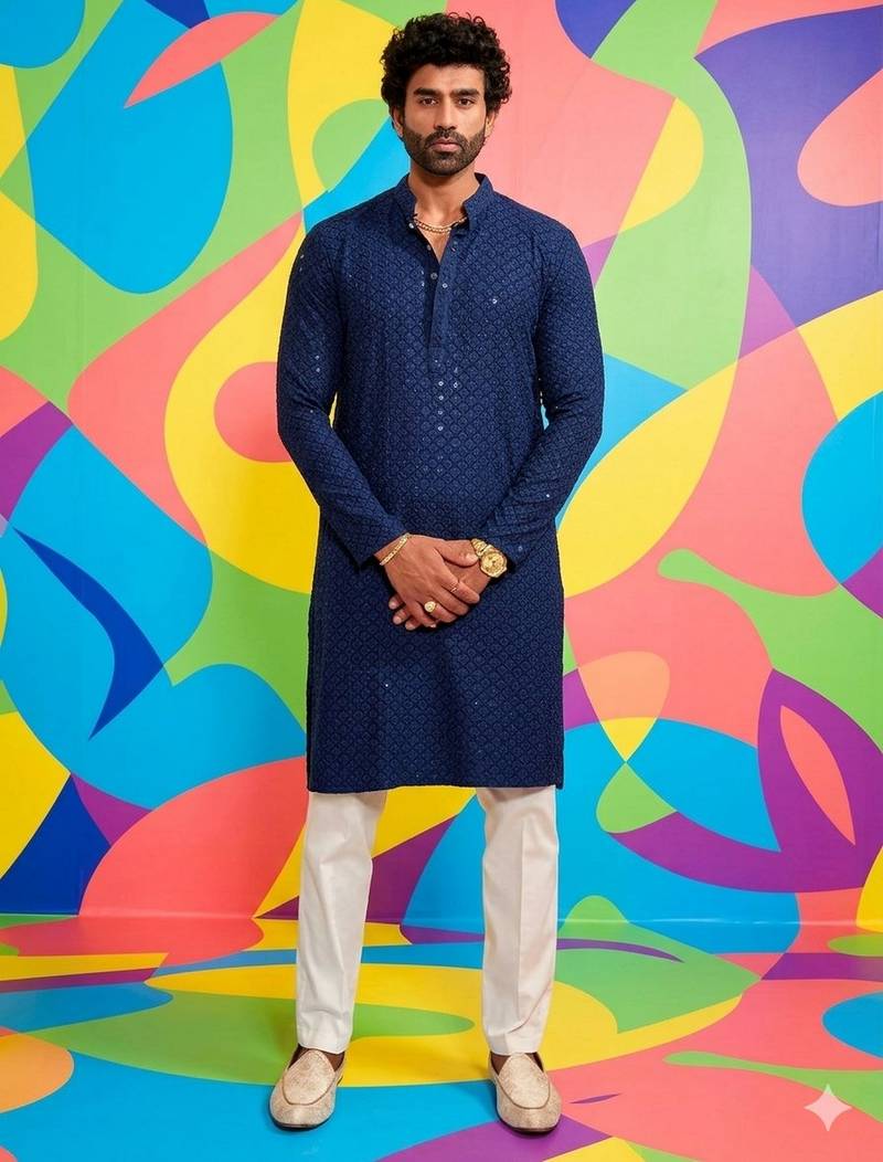 Buy blue resham embroidered kurta pajama set with sequins highlights
