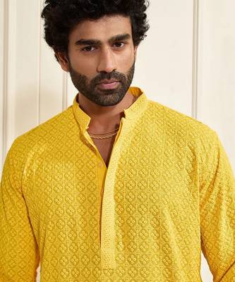 Buy yellow resham embroidered kurta pajama set with sequins highlights 4