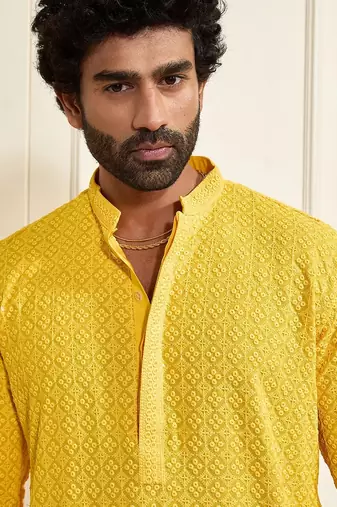 yellow resham embroidered kurta pajama set