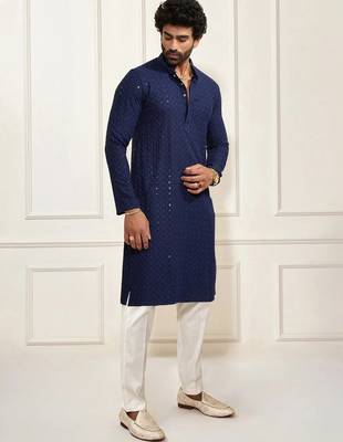Buy blue resham embroidered kurta pajama set with sequins highlights 2