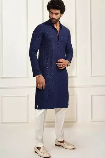 blue resham embroidered kurta pajama set
