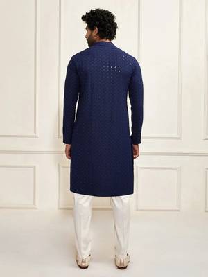 Buy blue resham embroidered kurta pajama set with sequins highlights 3