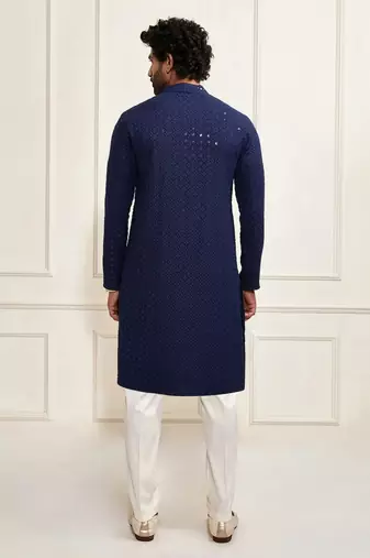 blue resham embroidered kurta pajama set