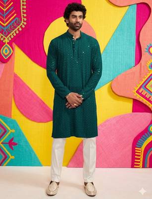 Buy green resham embroidered kurta pajama set with sequins highlights 1