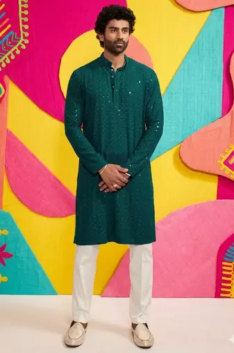 green resham embroidered kurta pajama set