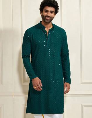 Buy green resham embroidered kurta pajama set with sequins highlights 2