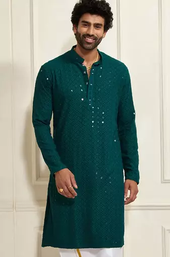 green resham embroidered kurta pajama set