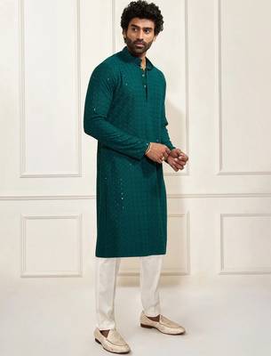Buy green resham embroidered kurta pajama set with sequins highlights 3
