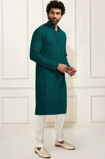 green resham embroidered kurta pajama set
