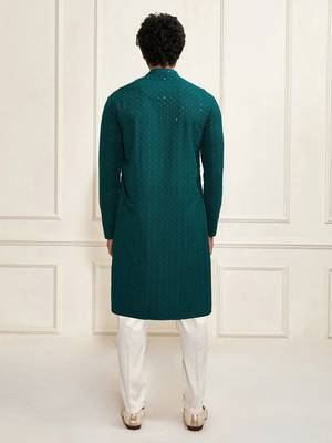 Buy green resham embroidered kurta pajama set with sequins highlights 4