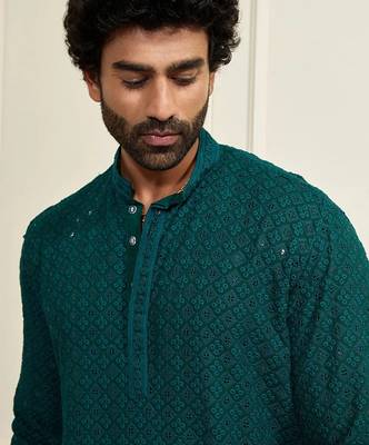 Buy green resham embroidered kurta pajama set with sequins highlights 5