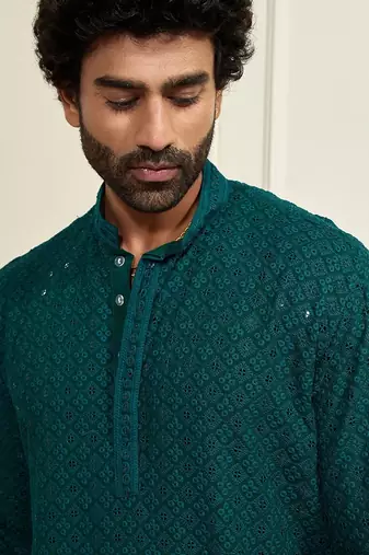 green resham embroidered kurta pajama set