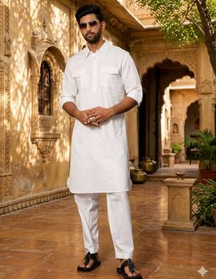 white cotton men's pathani kurta pajama set 1