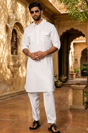 white cotton men's pathani kurta pajama set