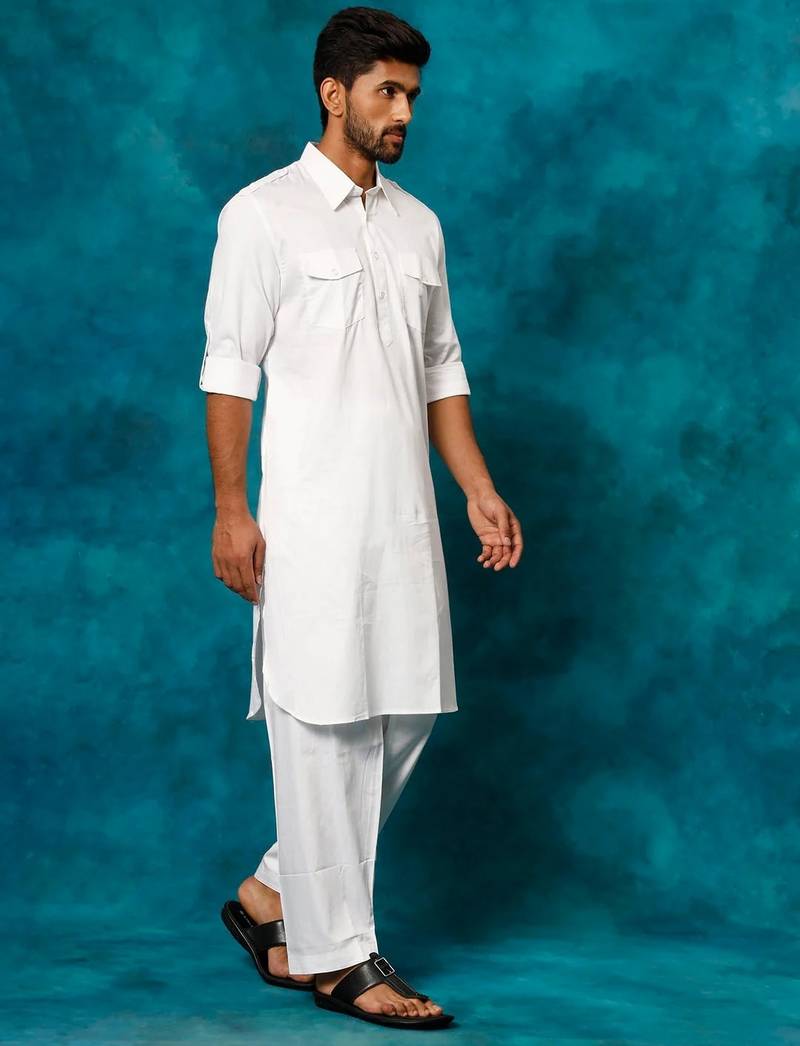 white cotton men's pathani kurta pajama set