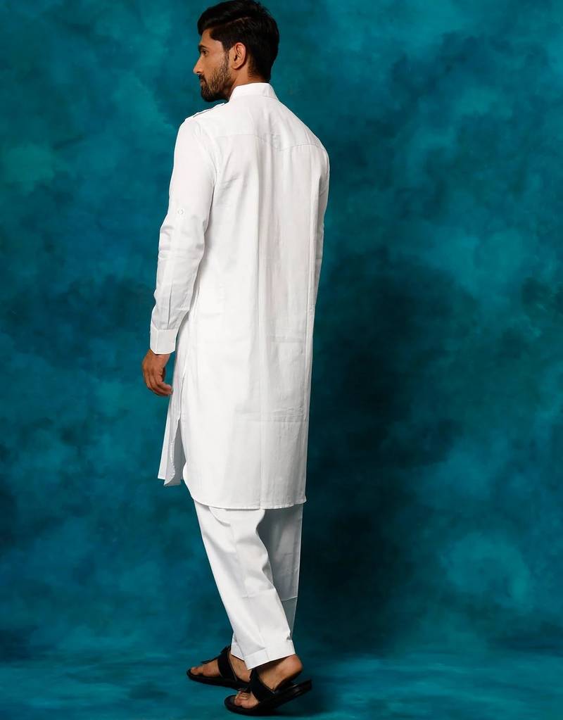 white cotton men's pathani kurta pajama set