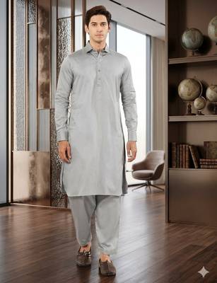 Classic grey cotton men's pathani kurta pajama set 1
