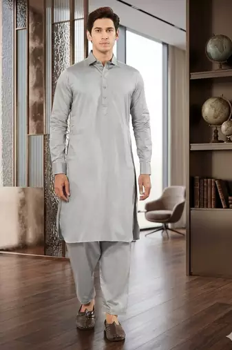 Classic grey cotton men's pathani kurta pajama set