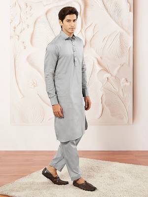 Classic grey cotton men's pathani kurta pajama set 2