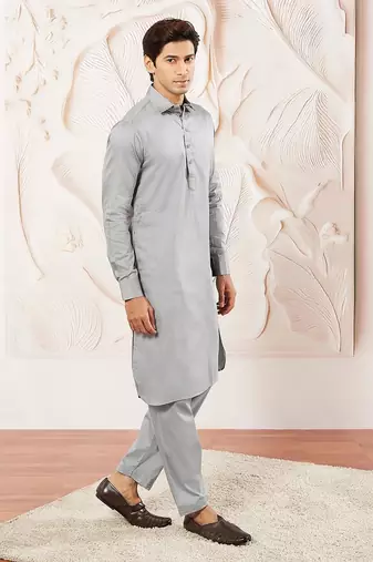 Classic grey cotton men's pathani kurta pajama set