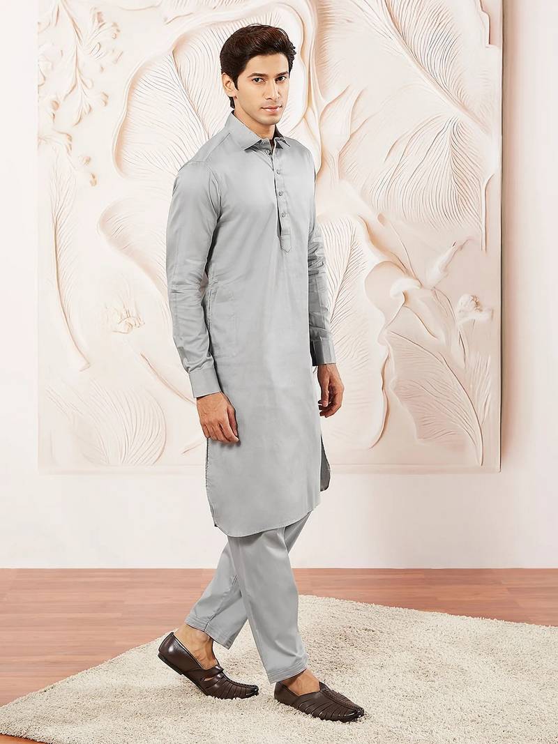 Classic grey cotton men's pathani kurta pajama set