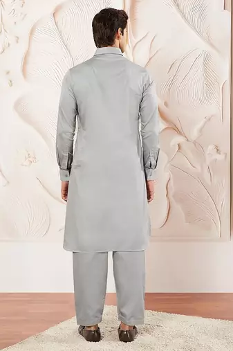 Classic grey cotton men's pathani kurta pajama set