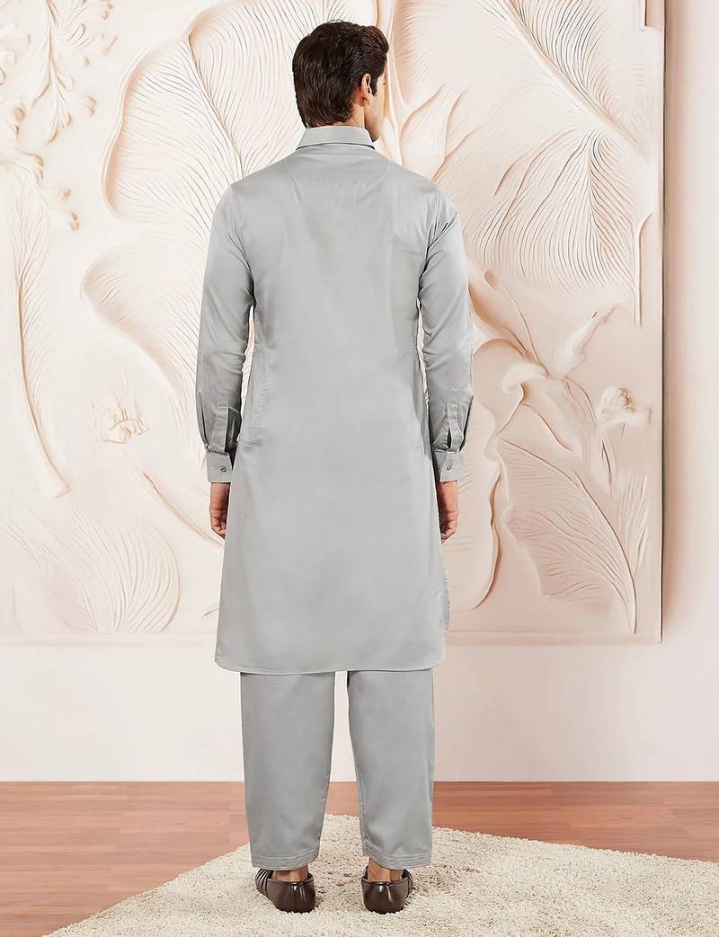 Classic grey cotton men's pathani kurta pajama set