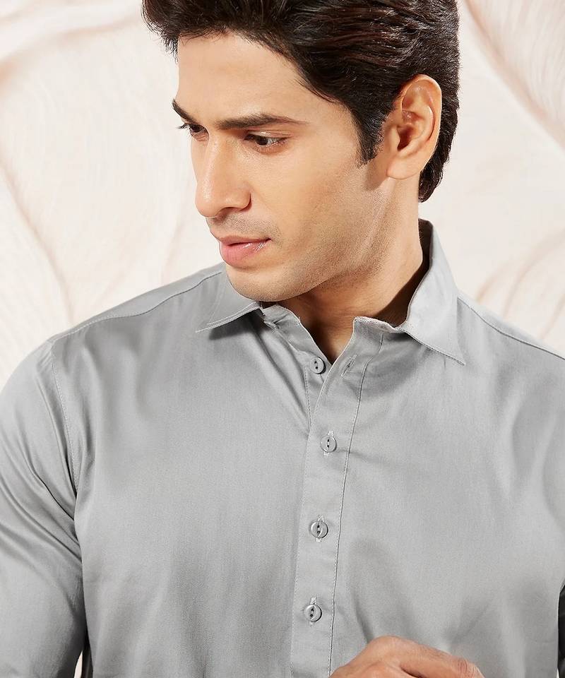 Classic grey cotton men's pathani kurta pajama set