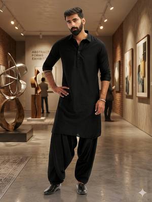 black cotton men's pathani kurta pajama set 1