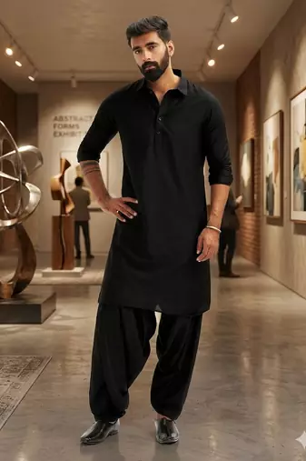 black cotton men's pathani kurta pajama set