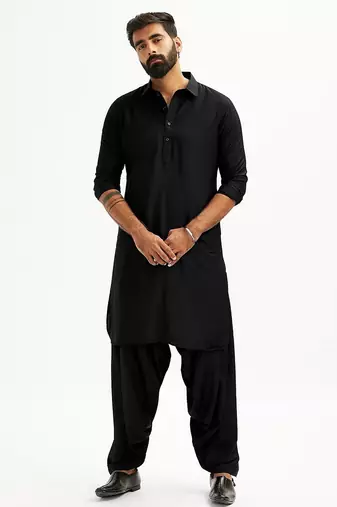 black cotton men's pathani kurta pajama set